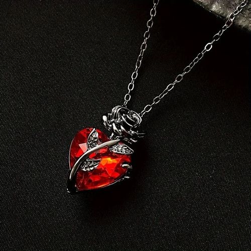 Vintage Black Gunmetal Rose Wrapped Red Heart Crystal Pendant Necklace | Gothic Choker for Women