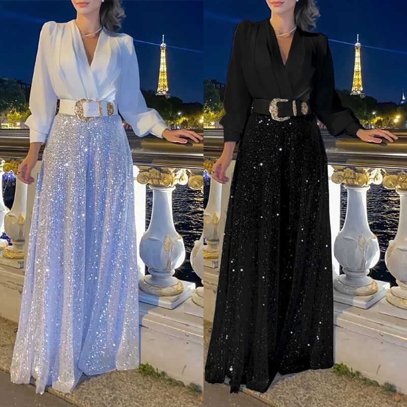 Elegáns hosszú ujjú, V-nyakú blúz és bő szárú, flitteres overál
