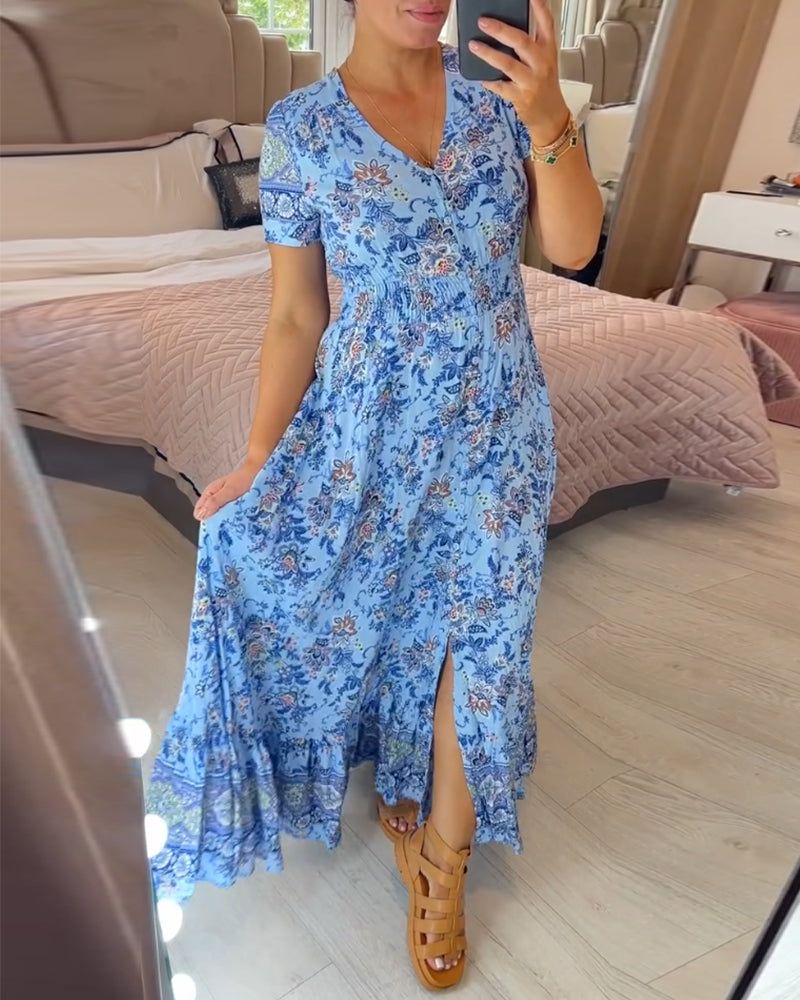 👗 Virágmintás ruha hegyes nyakkivágással