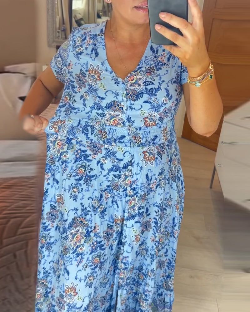 👗 Virágmintás ruha hegyes nyakkivágással