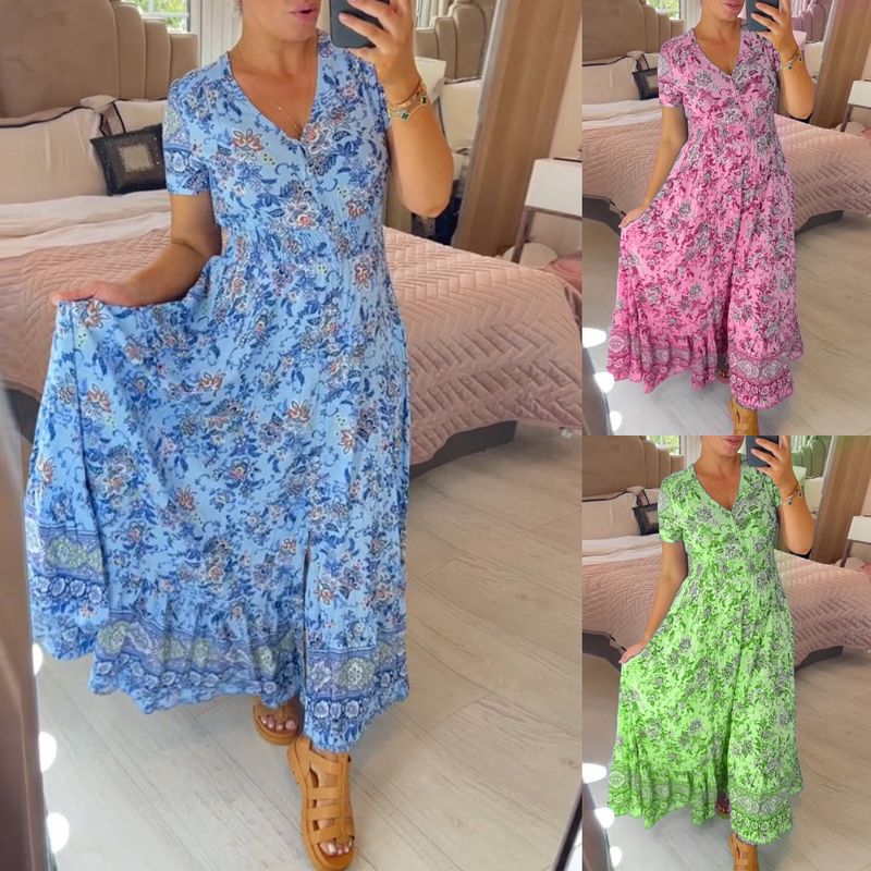 👗 Virágmintás ruha hegyes nyakkivágással