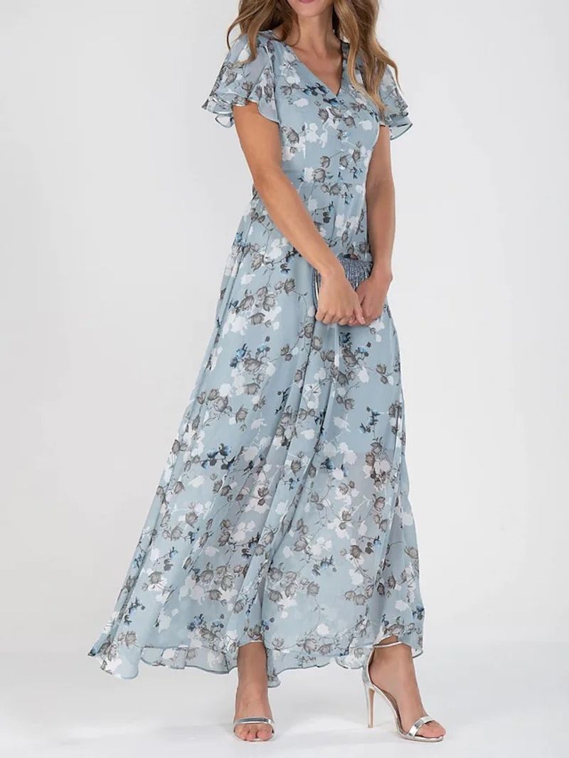 🌸Legújabb elegáns virágmintás V-nyakú maxi ruha