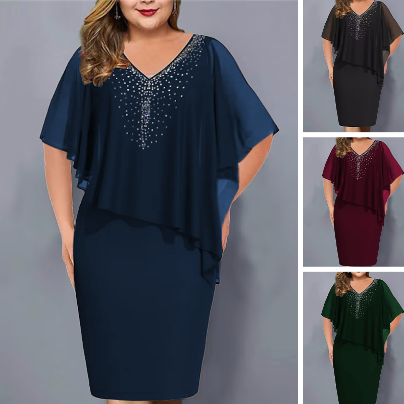 ✨Strasszos V-nyakú Cape ruha sifon borítással