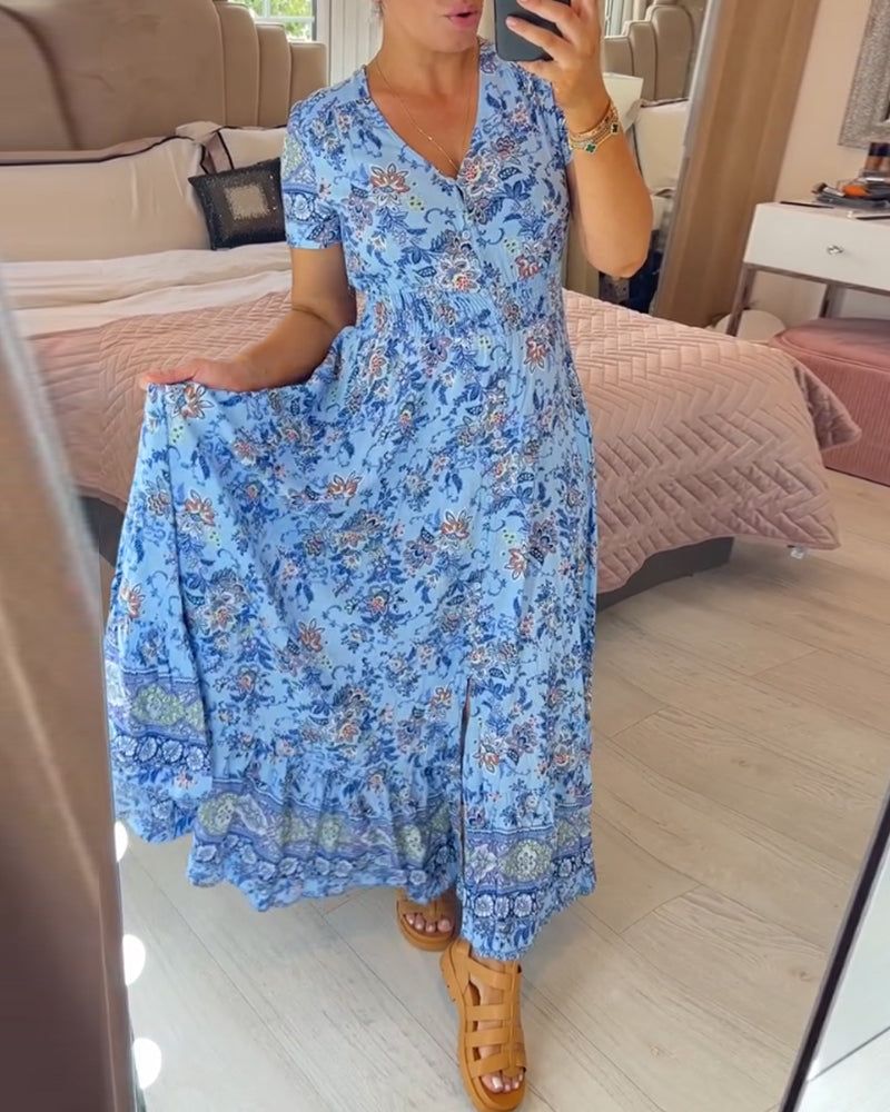 👗 Virágmintás ruha hegyes nyakkivágással
