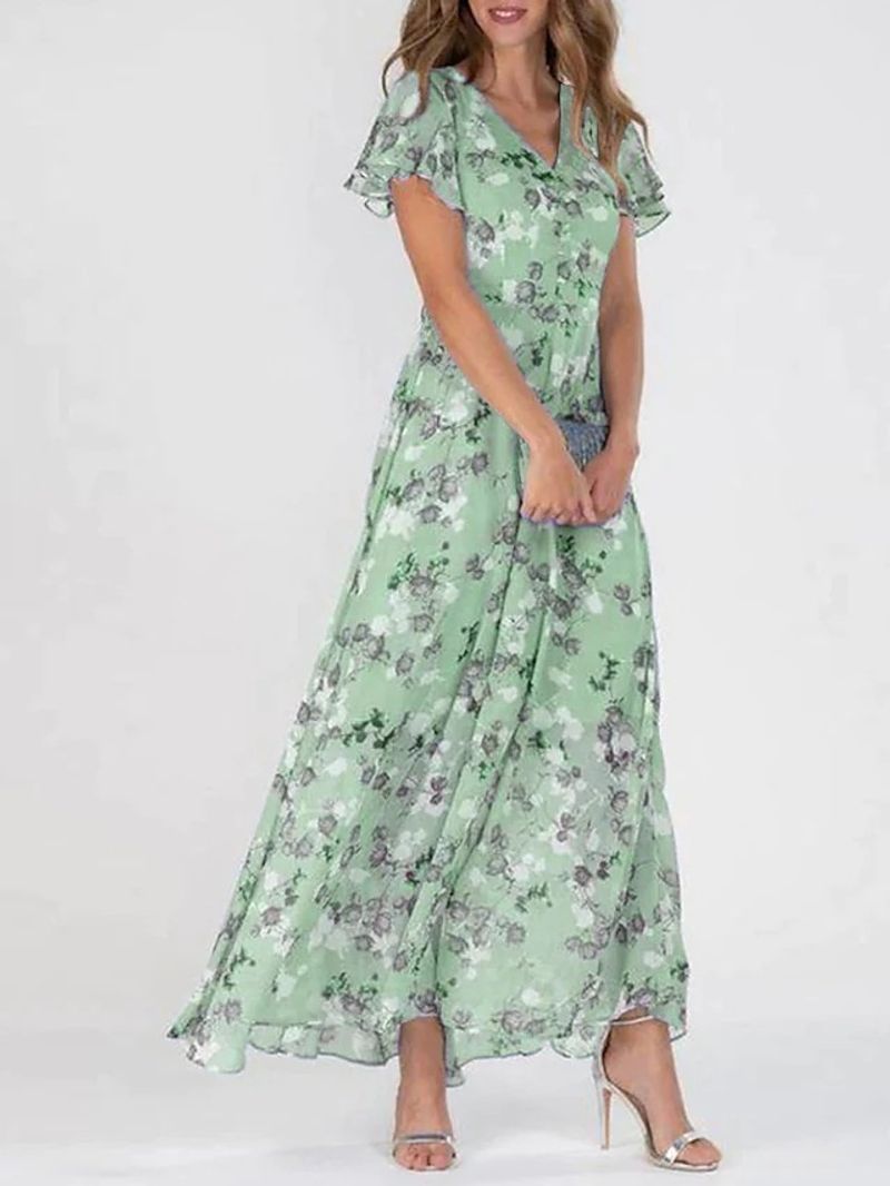 🌸Legújabb elegáns virágmintás V-nyakú maxi ruha