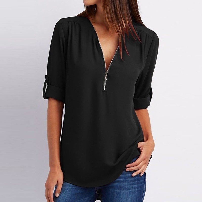 💟Laza szabású, plus size ing, háromnegyedes ujjakkal, cipzárral