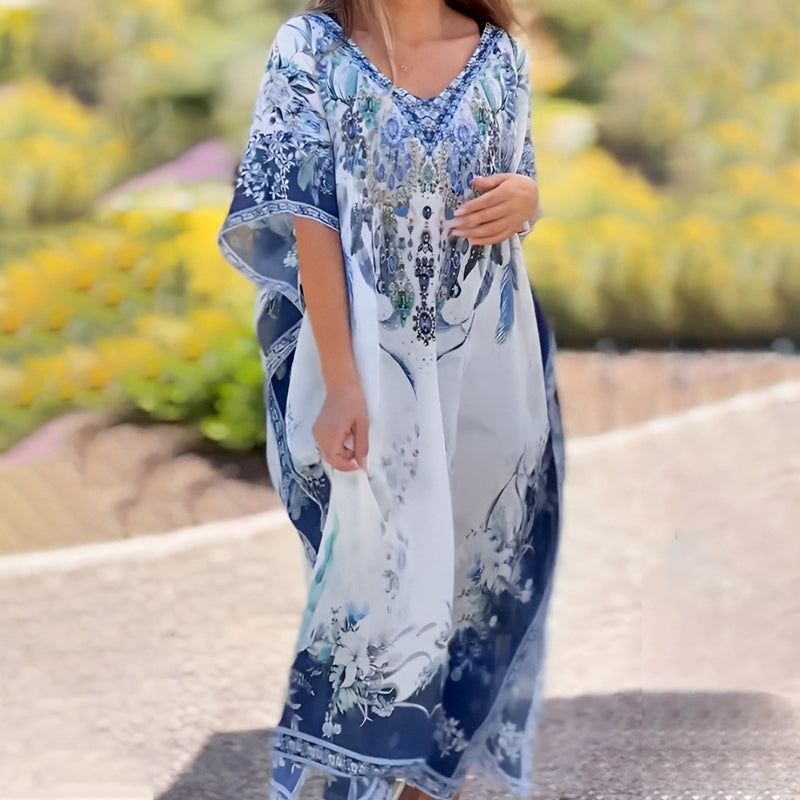 🌺V-nyakú boho mintás fodros ruha