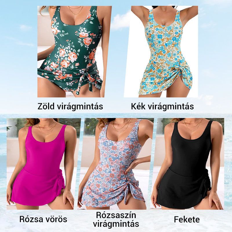 🔥👙 Női hasformáló masnis fürdőruha szoknyával – Teljes takarás és beépített melltartó 🌊🏖️