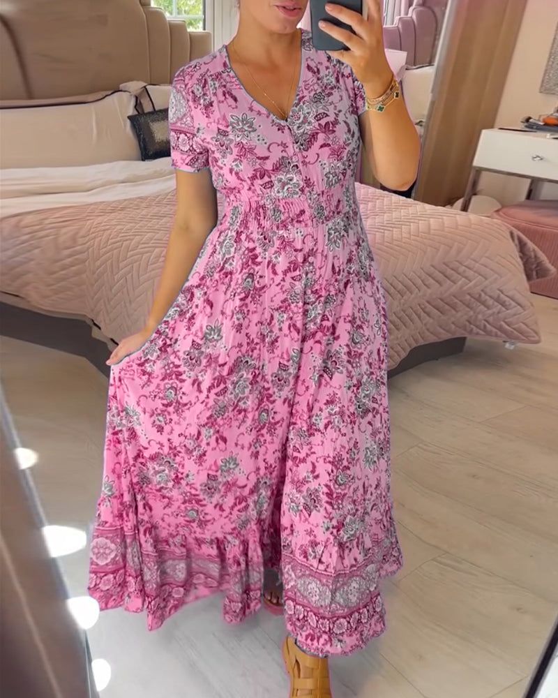 👗 Virágmintás ruha hegyes nyakkivágással