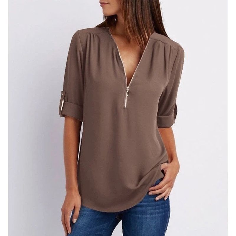 💟Laza szabású, plus size ing, háromnegyedes ujjakkal, cipzárral
