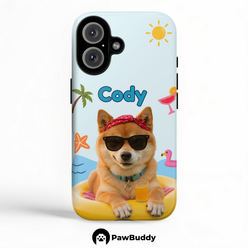 Custom Pet Phone Case for iPhone 11–17, Personalized Summer Pool Float Yellow Ring Design with Beach Icons, Dual-Layer Shockproof PC+TPU Protective Cover with Glossy Wraparound Printing, Unique Gift for Pet Lovers