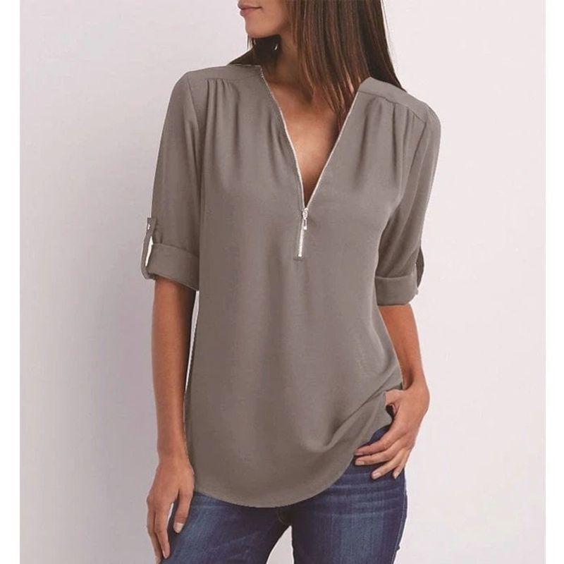 💟Laza szabású, plus size ing, háromnegyedes ujjakkal, cipzárral