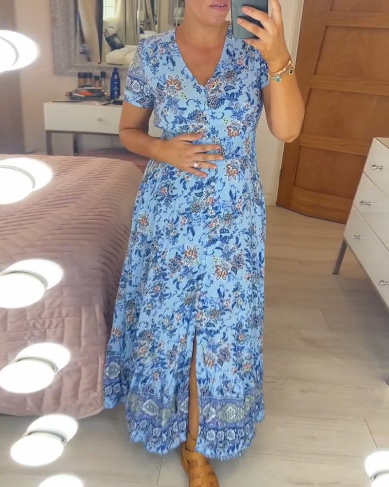 👗 Virágmintás ruha hegyes nyakkivágással