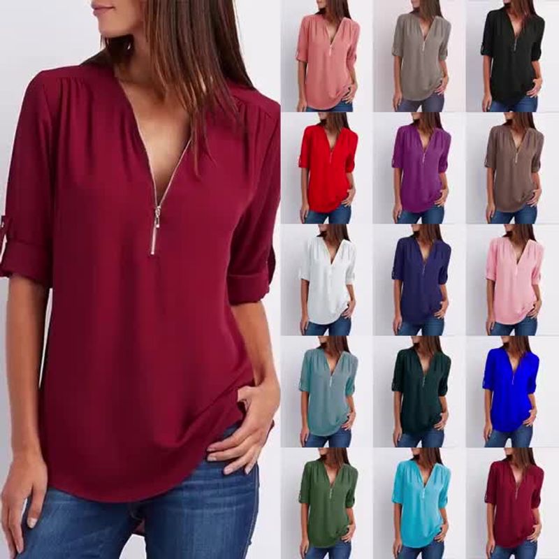 💟Laza szabású, plus size ing, háromnegyedes ujjakkal, cipzárral