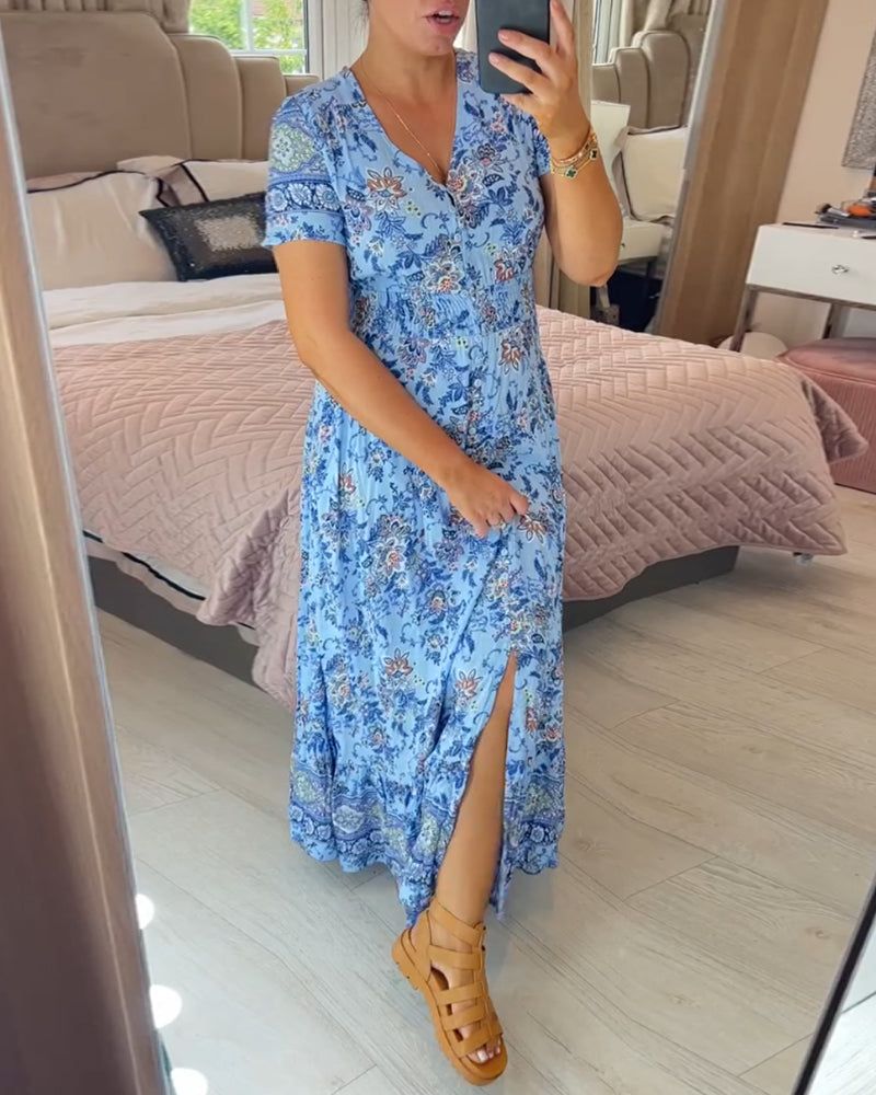 👗 Virágmintás ruha hegyes nyakkivágással