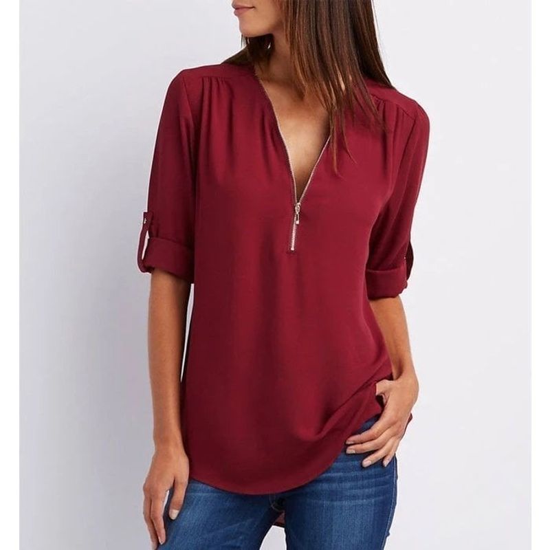 💟Laza szabású, plus size ing, háromnegyedes ujjakkal, cipzárral