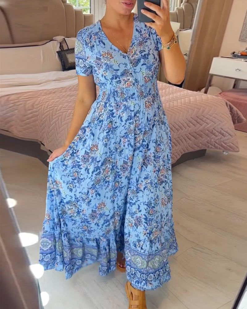 👗 Virágmintás ruha hegyes nyakkivágással