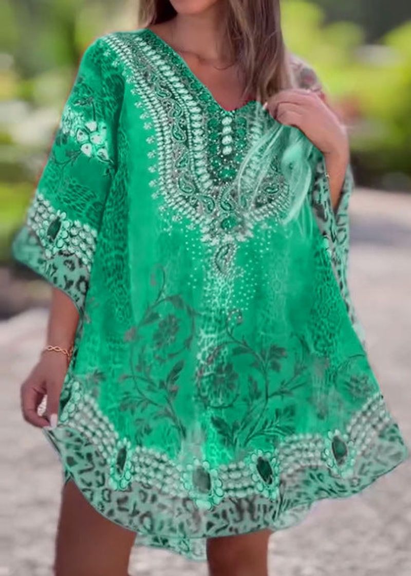 🌺V-nyakú boho mintás fodros ruha