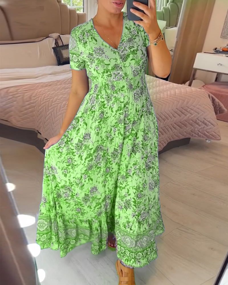 👗 Virágmintás ruha hegyes nyakkivágással