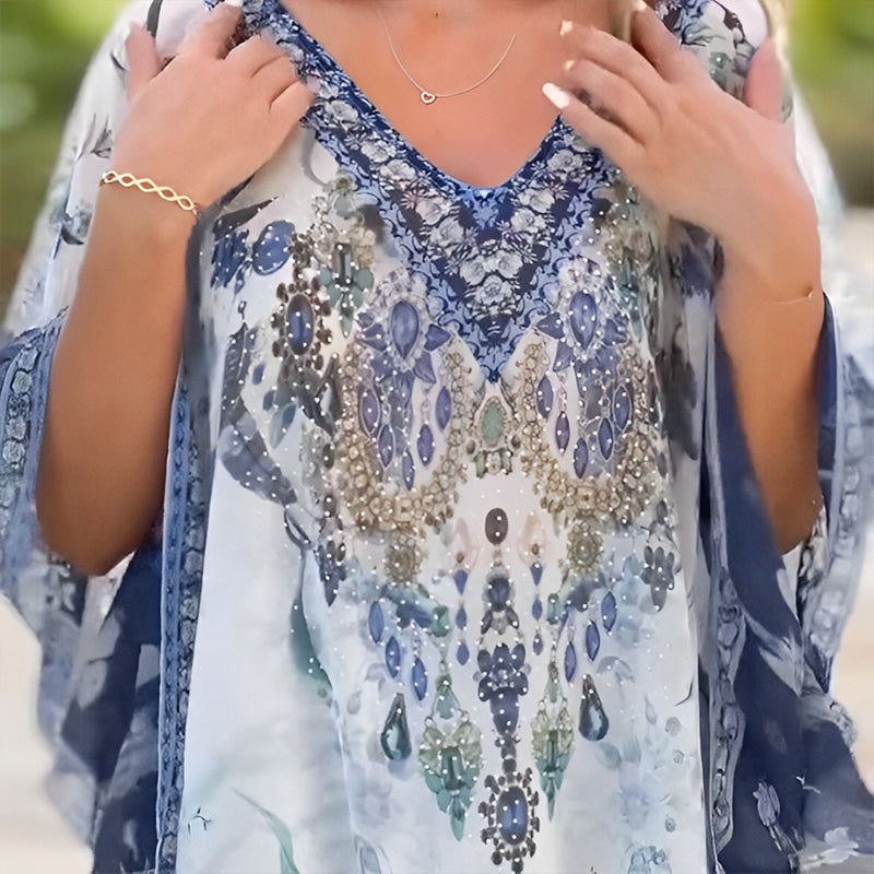 🌺V-nyakú boho mintás fodros ruha