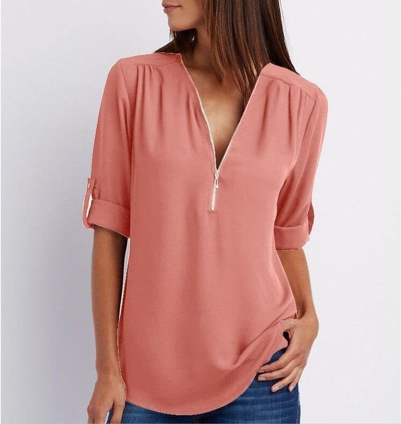 💟Laza szabású, plus size ing, háromnegyedes ujjakkal, cipzárral