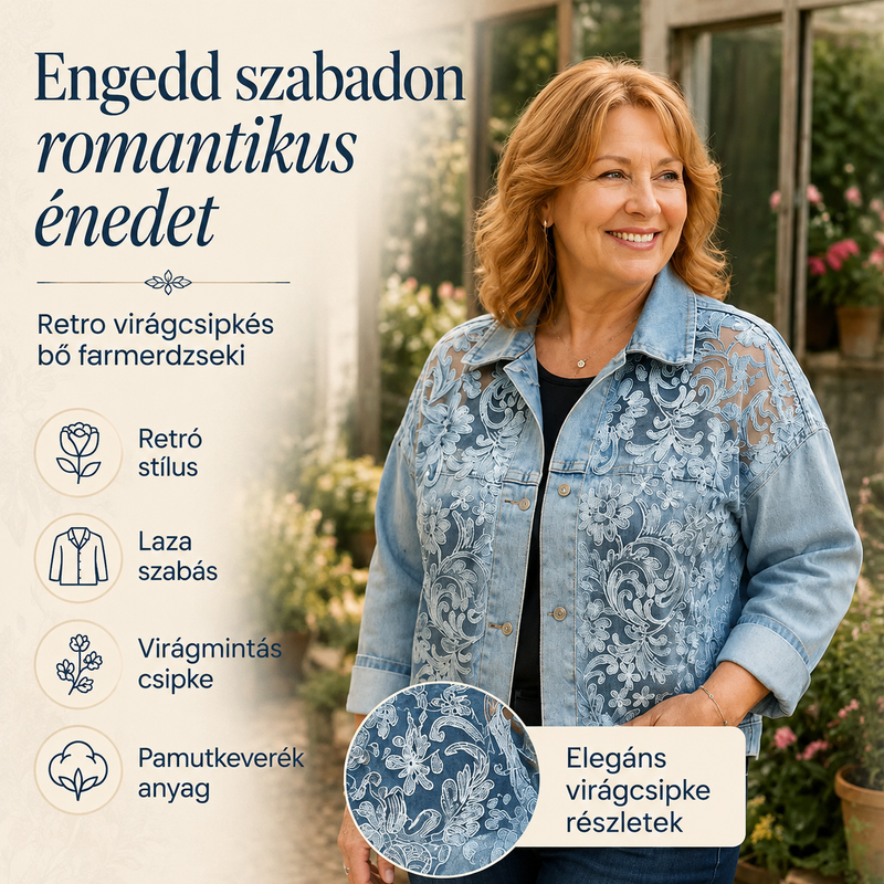 Női laza virágmintás csipke patchwork farmerdzseki