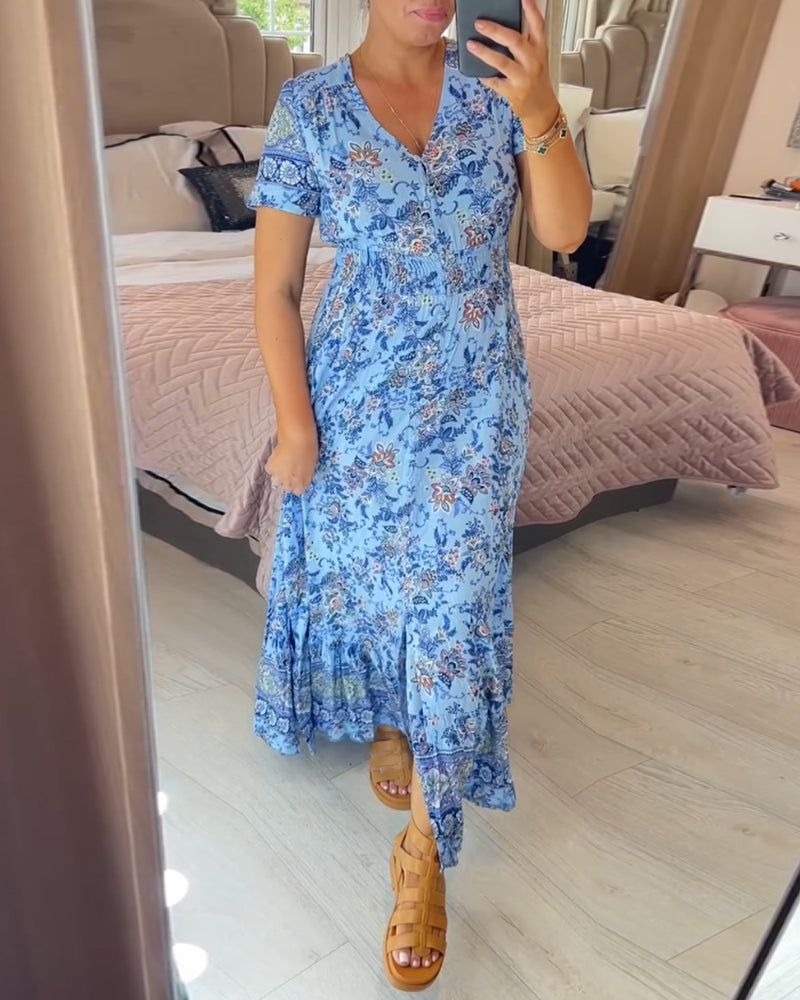 👗 Virágmintás ruha hegyes nyakkivágással