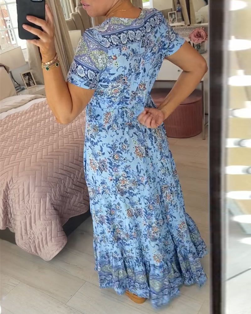 👗 Virágmintás ruha hegyes nyakkivágással