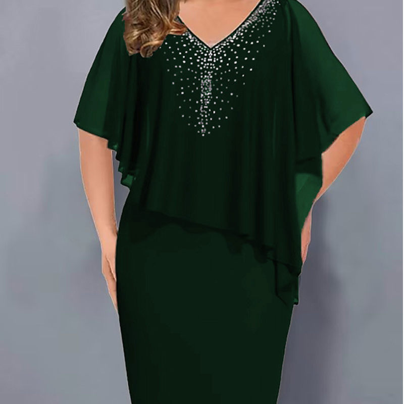 ✨Strasszos V-nyakú Cape ruha sifon borítással