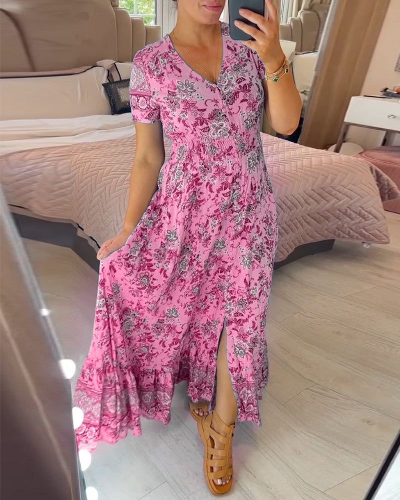 👗 Virágmintás ruha hegyes nyakkivágással