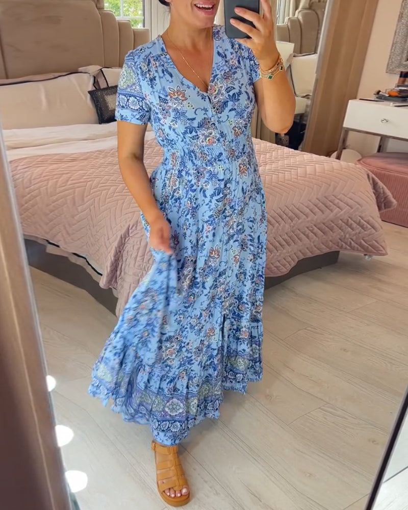 👗 Virágmintás ruha hegyes nyakkivágással
