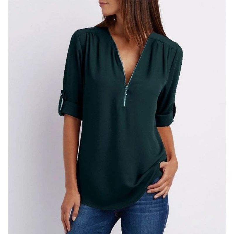 💟Laza szabású, plus size ing, háromnegyedes ujjakkal, cipzárral