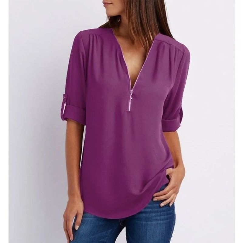 💟Laza szabású, plus size ing, háromnegyedes ujjakkal, cipzárral