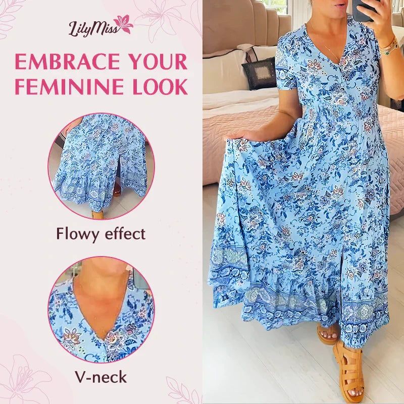 👗 Virágmintás ruha hegyes nyakkivágással