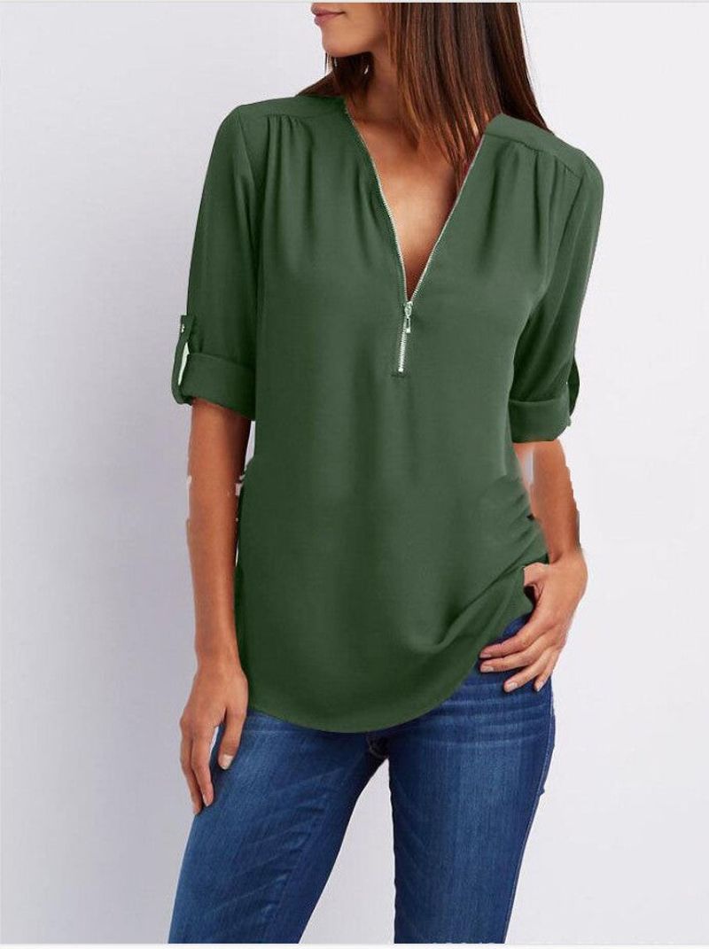 💟Laza szabású, plus size ing, háromnegyedes ujjakkal, cipzárral