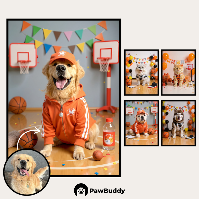 Custom Digital Art Basketball Pet Portrait – Coach, Referee & Cheerleader Styles – Personalized High-Resolution 3:4 Ratio File for Printing, Online Sharing, or Unique Digital Keepsakes