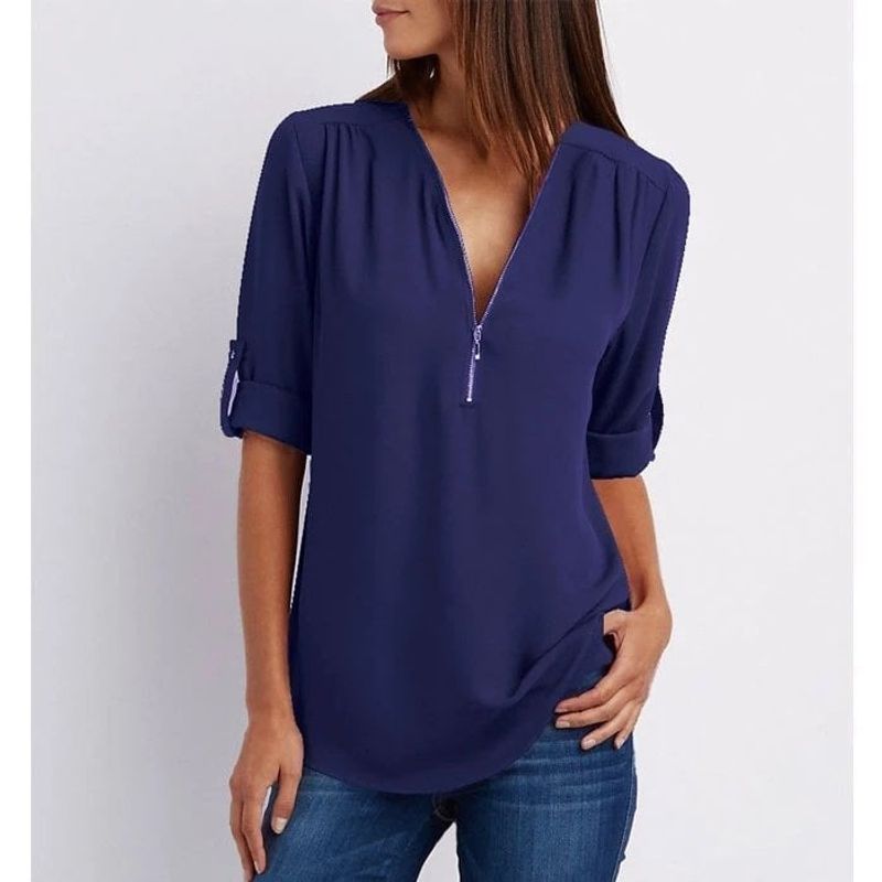 💟Laza szabású, plus size ing, háromnegyedes ujjakkal, cipzárral
