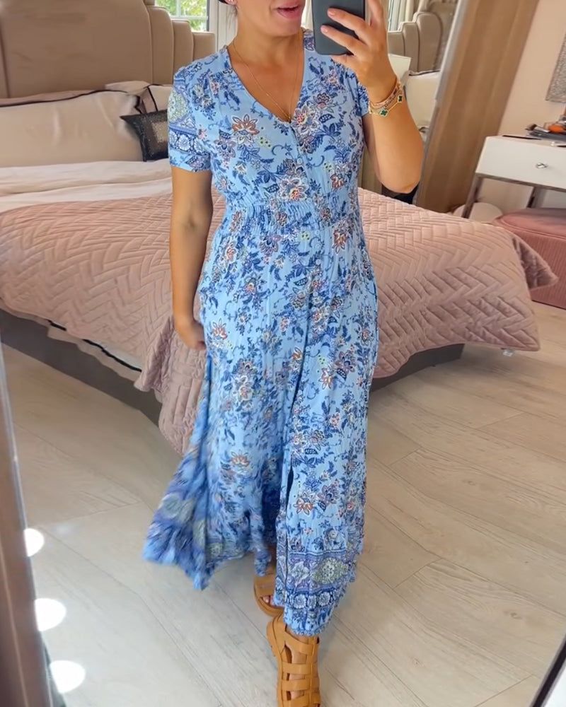 👗 Virágmintás ruha hegyes nyakkivágással