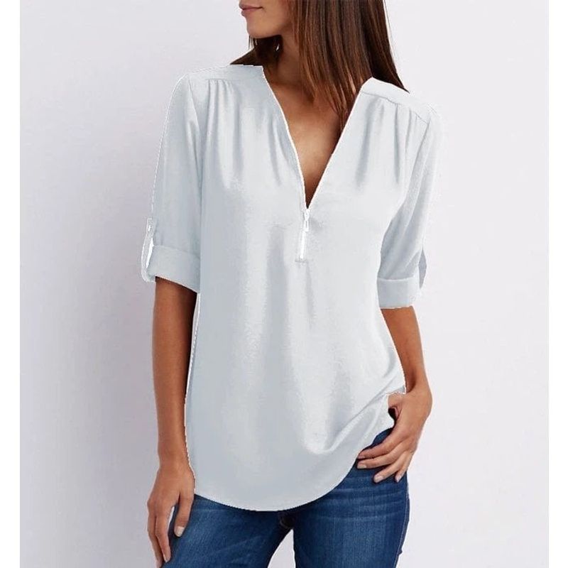 💟Laza szabású, plus size ing, háromnegyedes ujjakkal, cipzárral