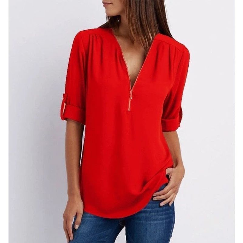 💟Laza szabású, plus size ing, háromnegyedes ujjakkal, cipzárral