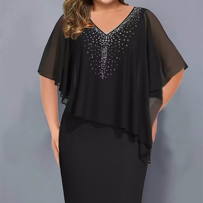✨Strasszos V-nyakú Cape ruha sifon borítással