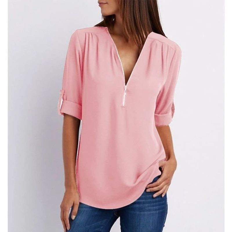 💟Laza szabású, plus size ing, háromnegyedes ujjakkal, cipzárral