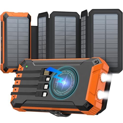 GOODaaa Power Bank Wireless Charger 36800mAh Solar Charger with Five Solar Panels Built-in Four Cable Five Outputs Portable Power Bank for Cell Phone with Dual Flashlights, Carabiner