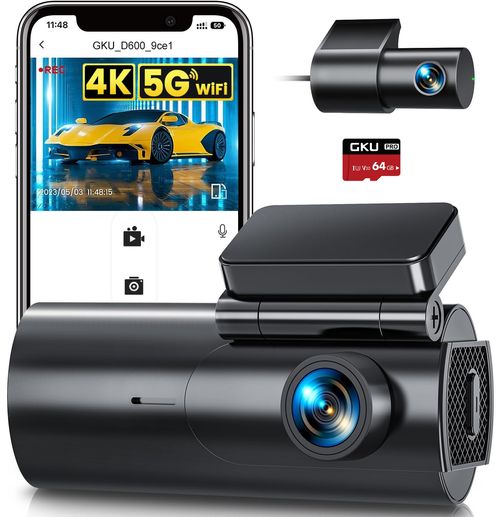 GKU Dash Cam Front and Rear Camera  4K+1080P Dual Dash Camera for Cars with 64GB SD Card, 5GHz WiFi  App Control, Night Vision, Parking Mode, GSensor, Loop Recording, WDR, 170° Wide Angle
