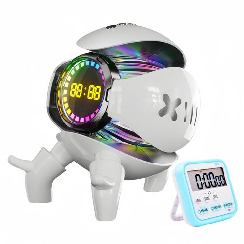 Bluetooth Speaker Alarm Clock with FM Radio, RGB Ambient Lights, TWS Pairing, Support TF CardAUXUSB Playing, Rechargeable Wireless Party Speaker for Home, Outdoor, Travel and Camping (White)