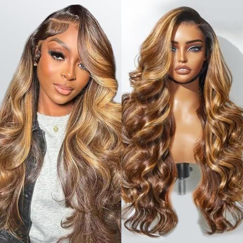 210 Density 13x6 Highlight Ombre Full Lace Frontal Wigs Human Hair 12A Body Wave Brazilian Human Hair Pre Plucked 427 Honey Blonde HD Glueless Transparent Lace with Baby Hair 22 Inch