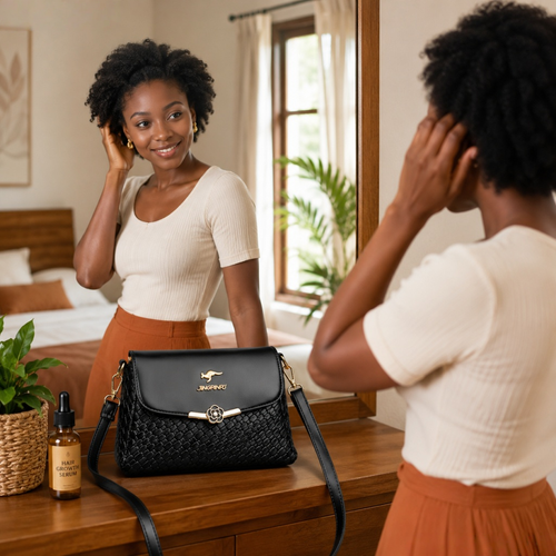 👜 Premium Black Woven Crossbody Bag | Luxe Texture, Secure Flower Lock & Spacious Interior 💼 | Fits Phone, Wallet & All Essentials for Work, Parties & Daily Use