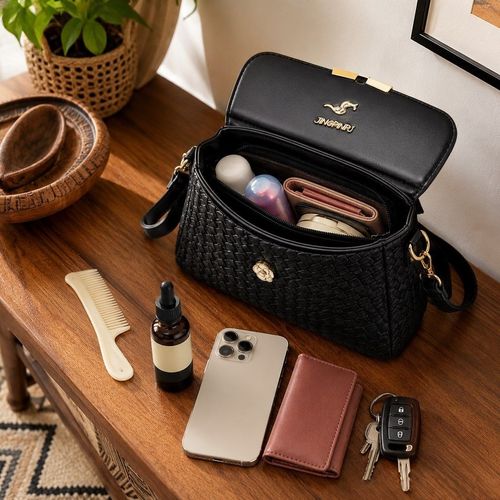 👜 Premium Black Woven Crossbody Bag | Luxe Texture, Secure Flower Lock & Spacious Interior 💼 | Fits Phone, Wallet & All Essentials for Work, Parties & Daily Use