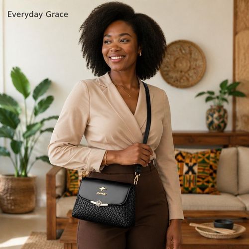👜 Premium Black Woven Crossbody Bag | Luxe Texture, Secure Flower Lock & Spacious Interior 💼 | Fits Phone, Wallet & All Essentials for Work, Parties & Daily Use