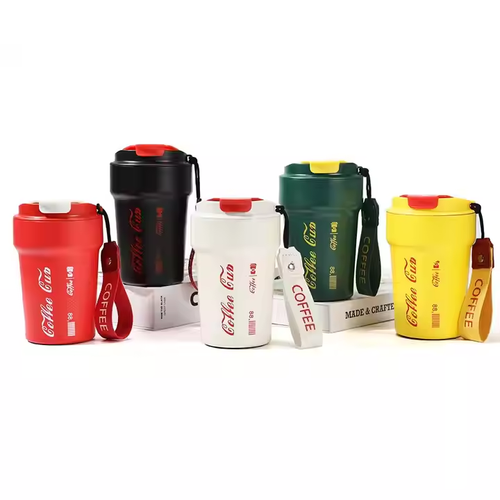 Custom 304 Stainless Steel Double-Wall Water Bottle Portable Student Water Cup with PP Hand Strap Unisex Coffee Mug Travel Gym (Red Black Yellow three colors shipped randomly)